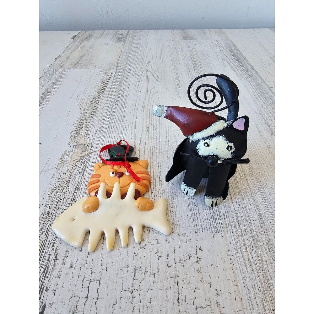 Vintage cat fishbone metal decor ornament set‎ Xmas tree